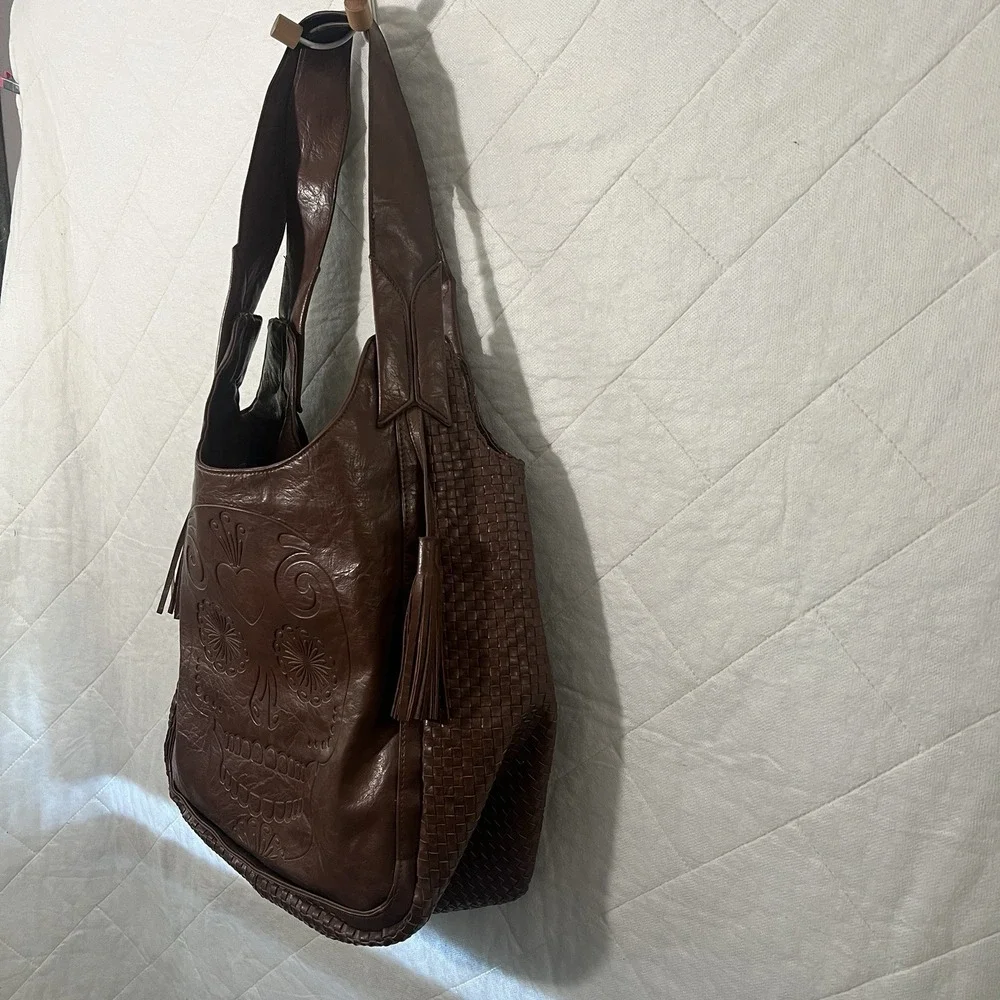 Loungefly Sugar Skull‎ Brown Lattice Large Tote Bag Y2K Purse 16x18 Retro Purse